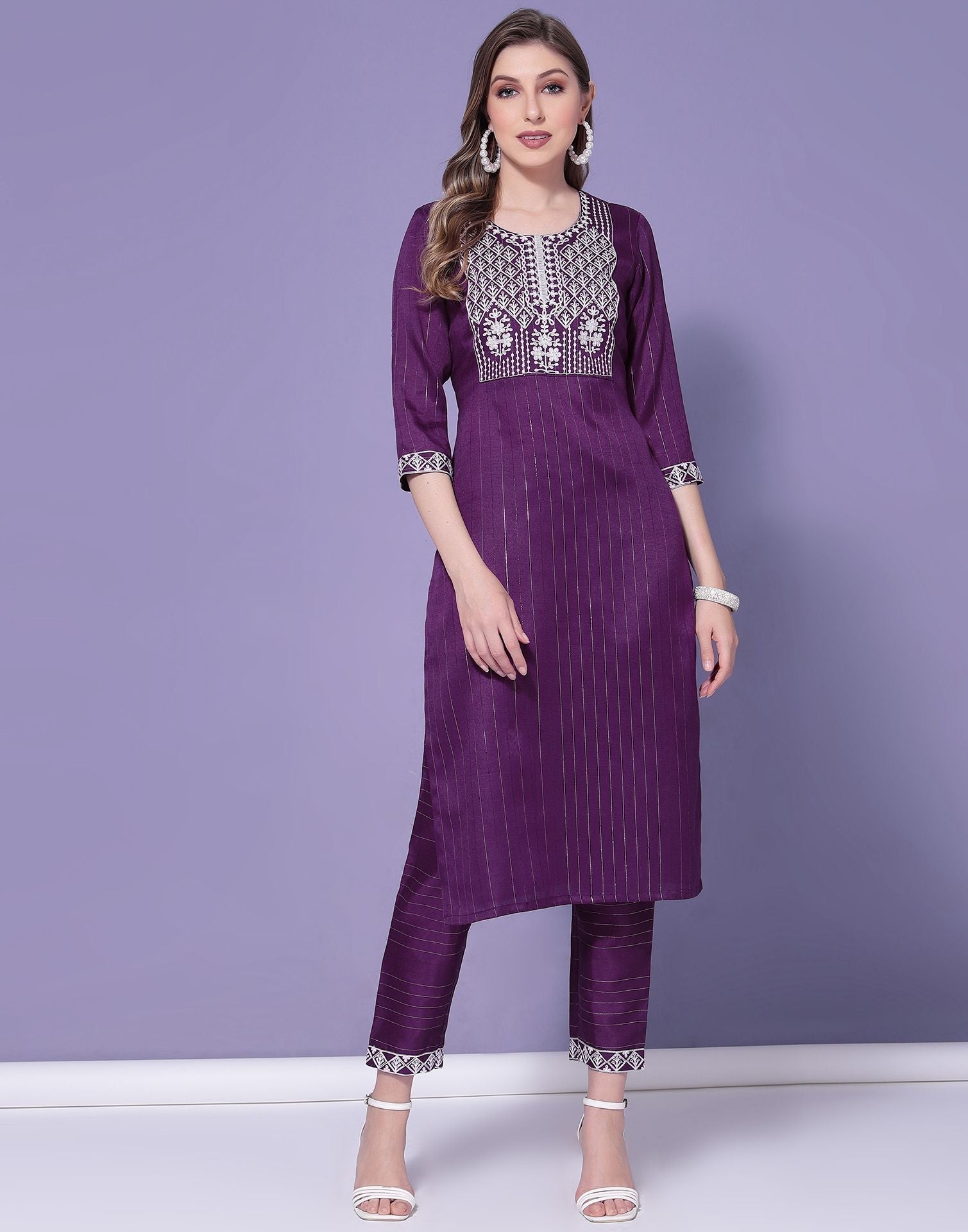 Wine Cotton Embroidery Straight Kurti With Pant And Dupatta | Sudathi