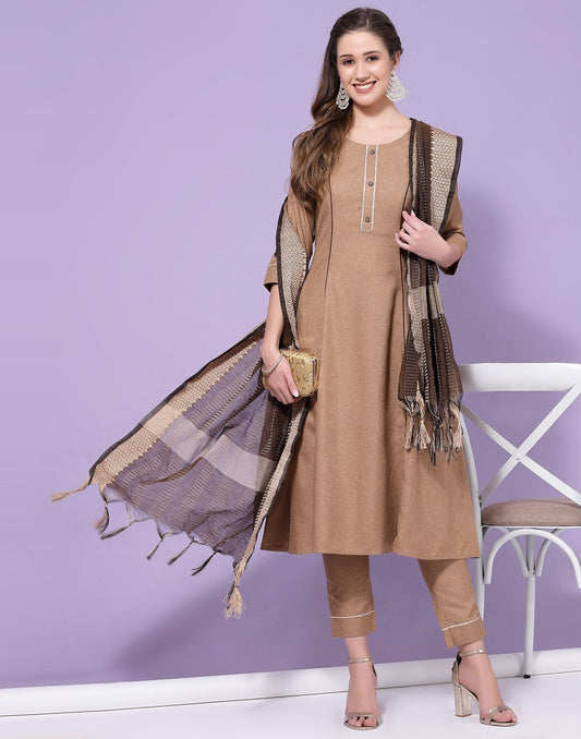 Beige Plain Cotton Straight Kurta With Pant And Dupatta | Sudathi