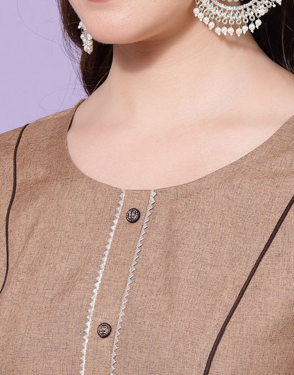 Beige Plain Cotton Straight Kurta With Pant And Dupatta | Sudathi