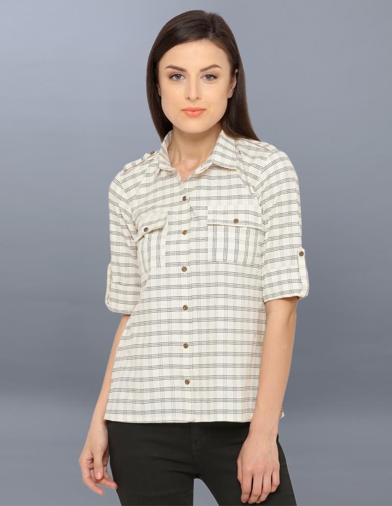 Idyiic Off White Coloured Woven Checks Cotton Tops | Sudathi