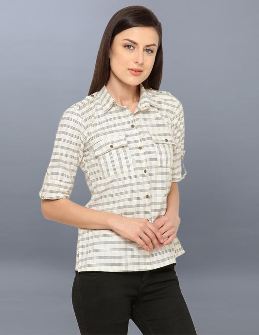 Idyiic Off White Coloured Woven Checks Cotton Tops | Sudathi