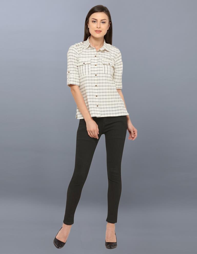 Idyiic Off White Coloured Woven Checks Cotton Tops | Sudathi