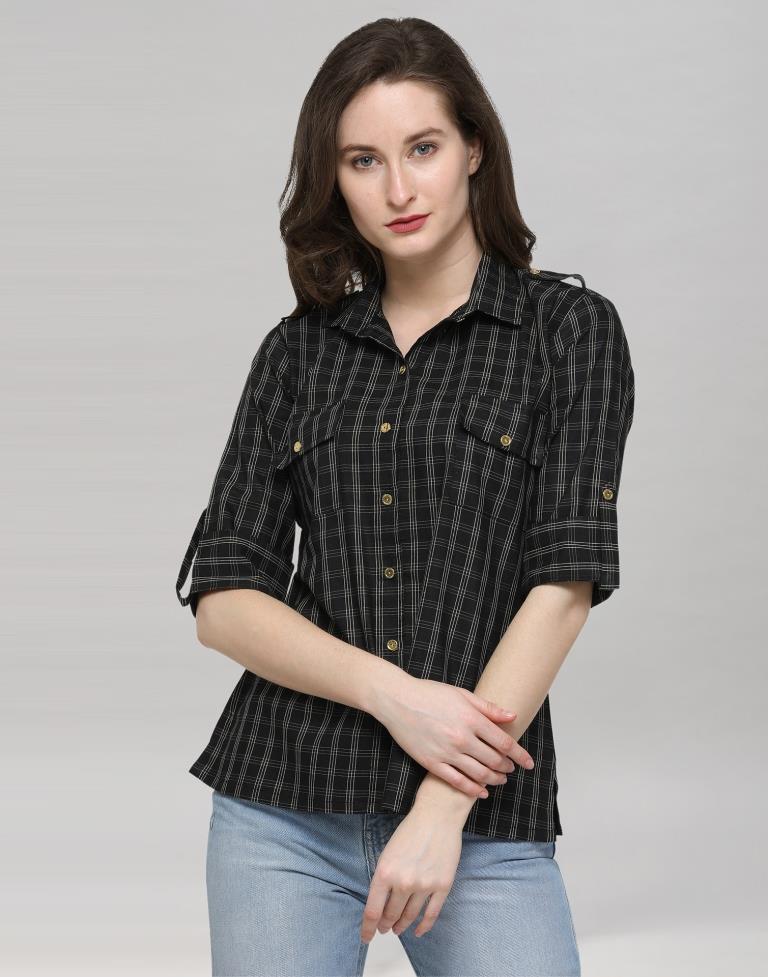 Black Coloured Cotton Woven Checks Casual Top | Sudathi