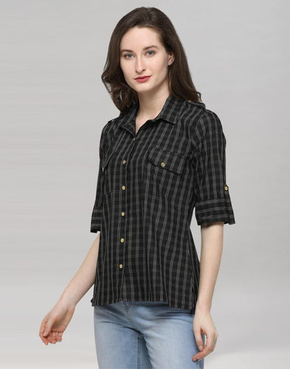 Black Coloured Cotton Woven Checks Casual Top | Sudathi