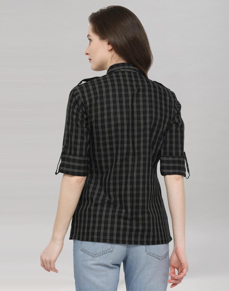 Black Coloured Cotton Woven Checks Casual Top | Sudathi