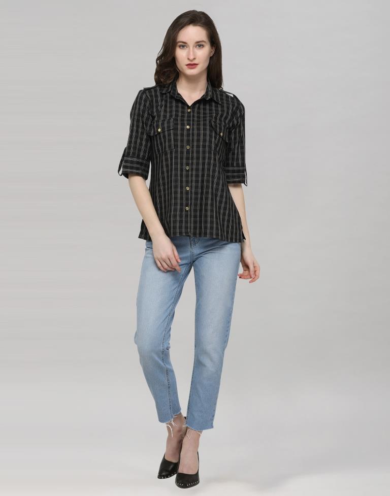 Black Coloured Cotton Woven Checks Casual Top | Sudathi