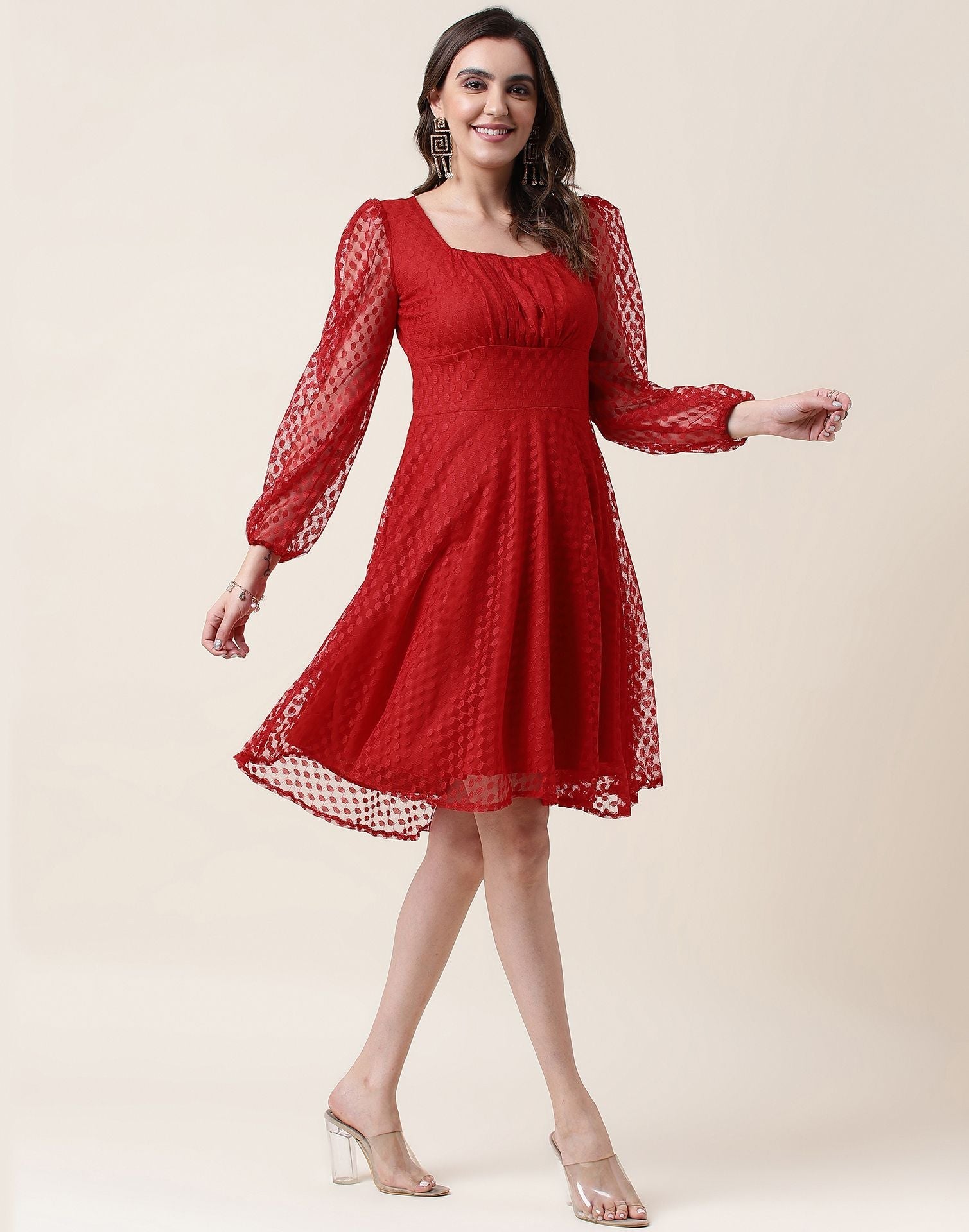 Red A-Line Plain Dress | Leemboodi