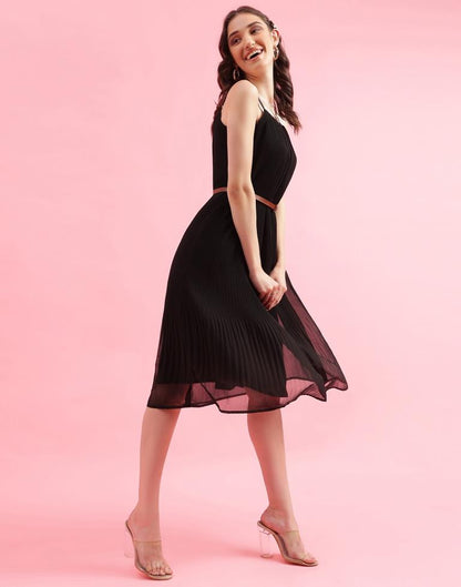 Black Plain Flared Dress With Belt