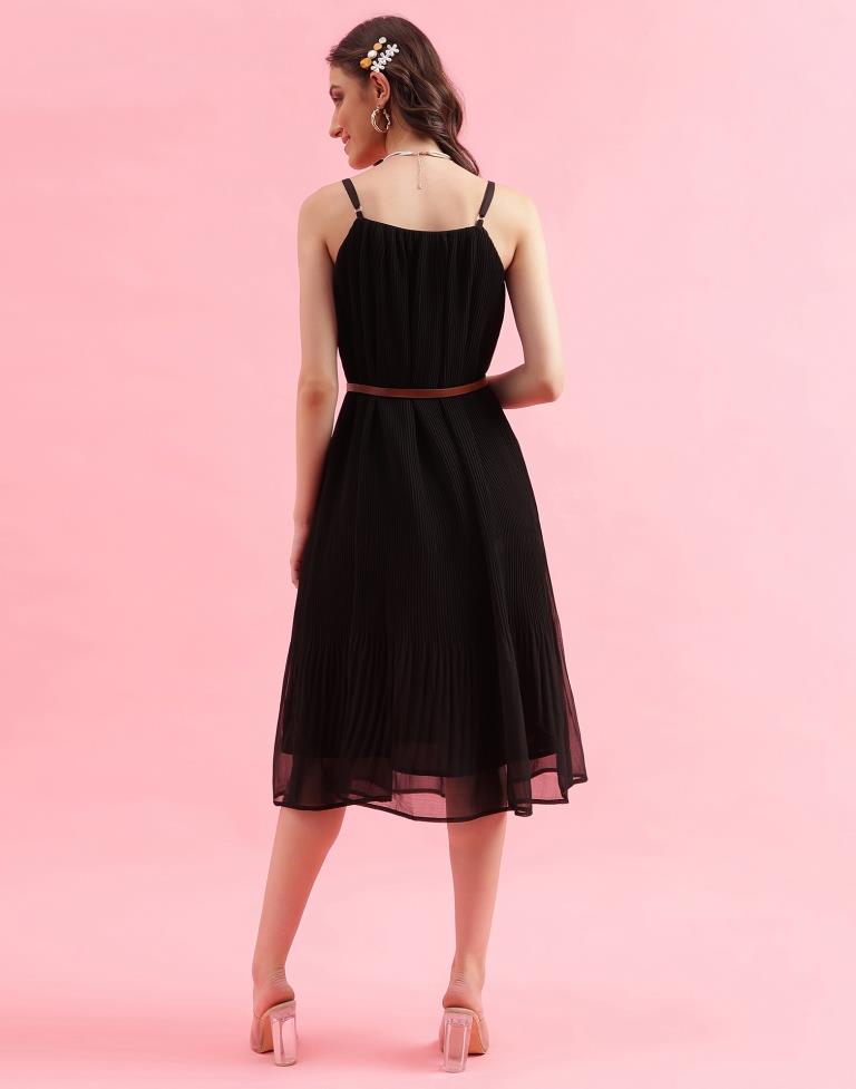 Black Plain Flared Dress With Belt