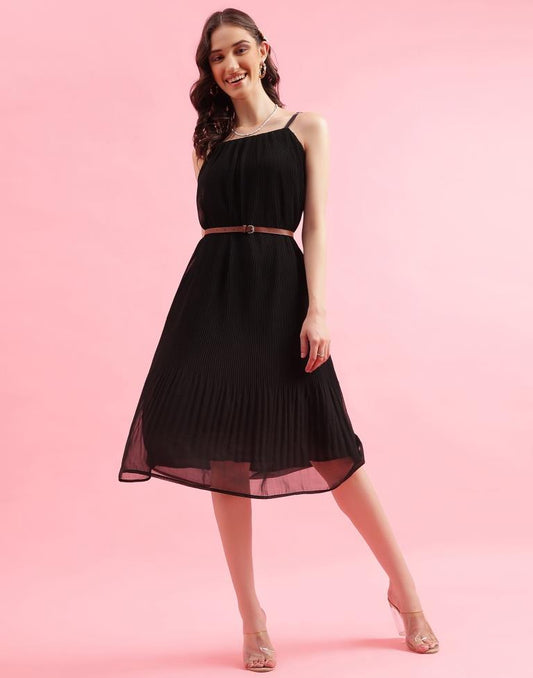 Black Plain Flared Dress With Belt