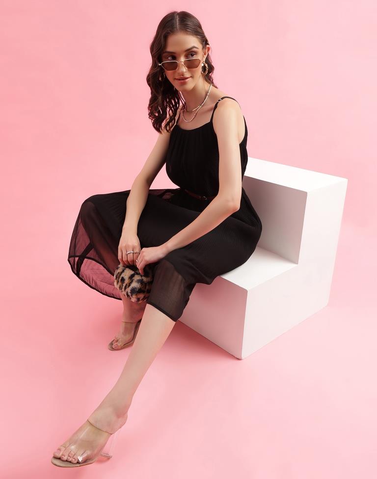 Black Plain Flared Dress With Belt