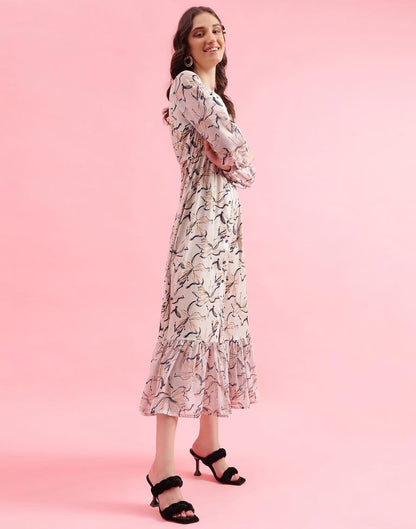 Beige Printed Flared Dress