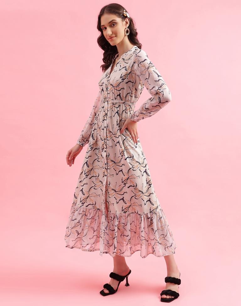 Beige Printed Flared Dress