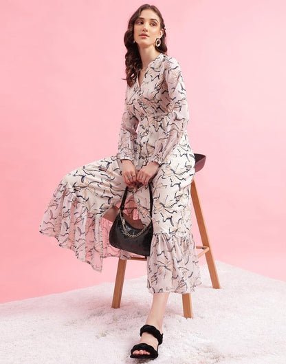Beige Printed Flared Dress