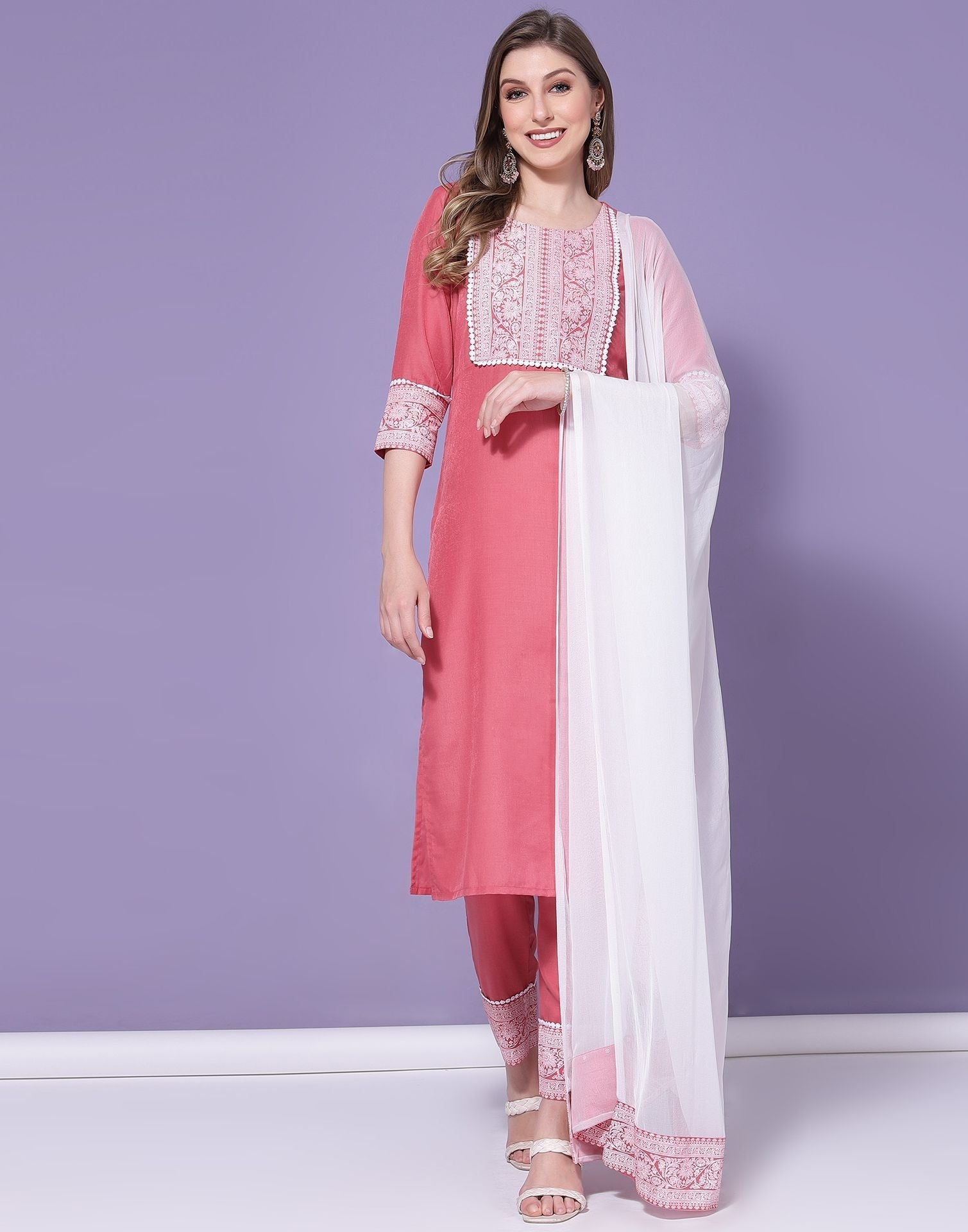 Pink Chinnon Printed Straight Kurti With Pant And Dupatta | Sudathi