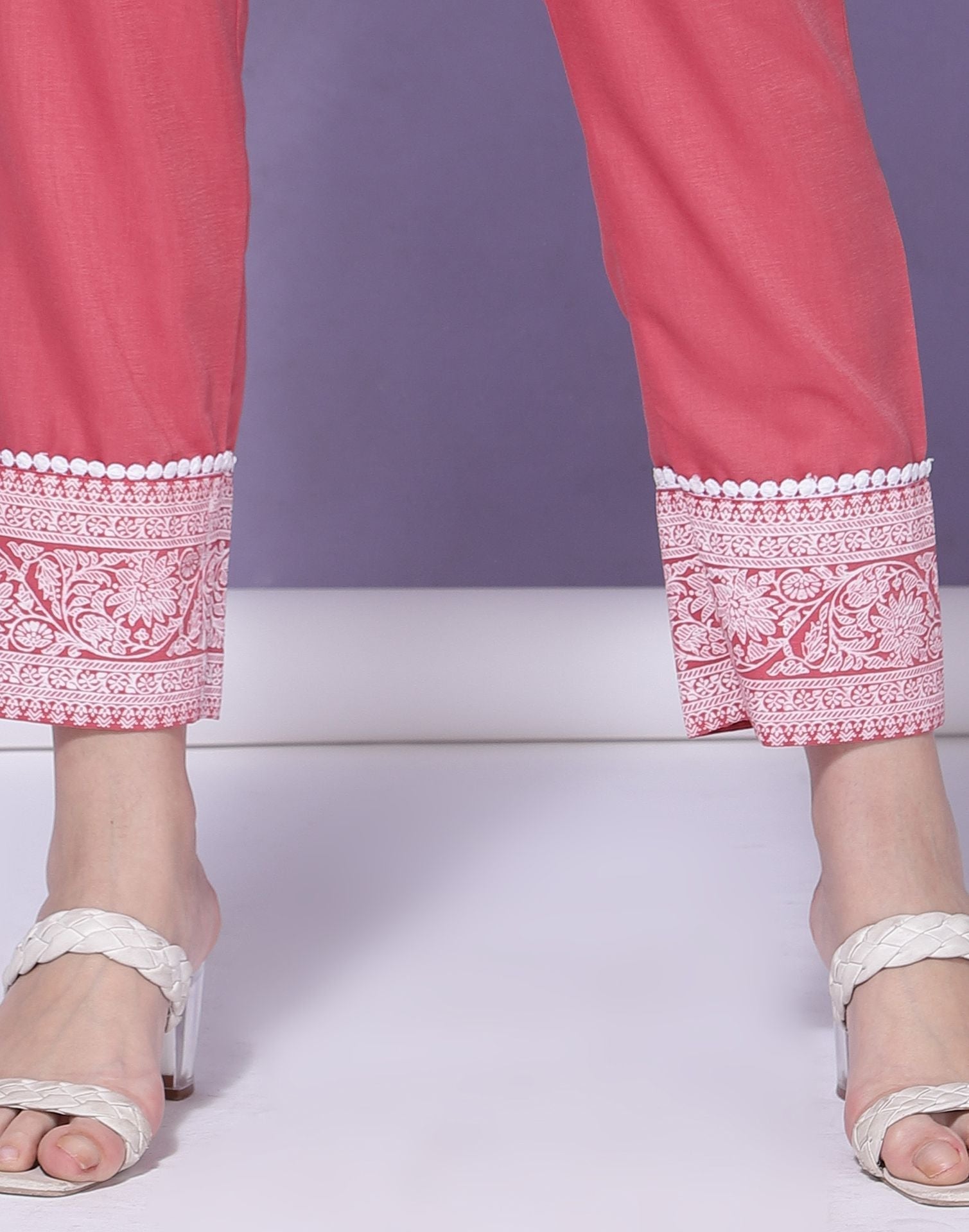 Pink Chinnon Printed Straight Kurti With Pant And Dupatta | Sudathi