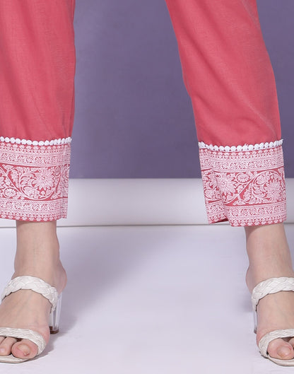 Pink Chinnon Printed Straight Kurti With Pant And Dupatta | Sudathi