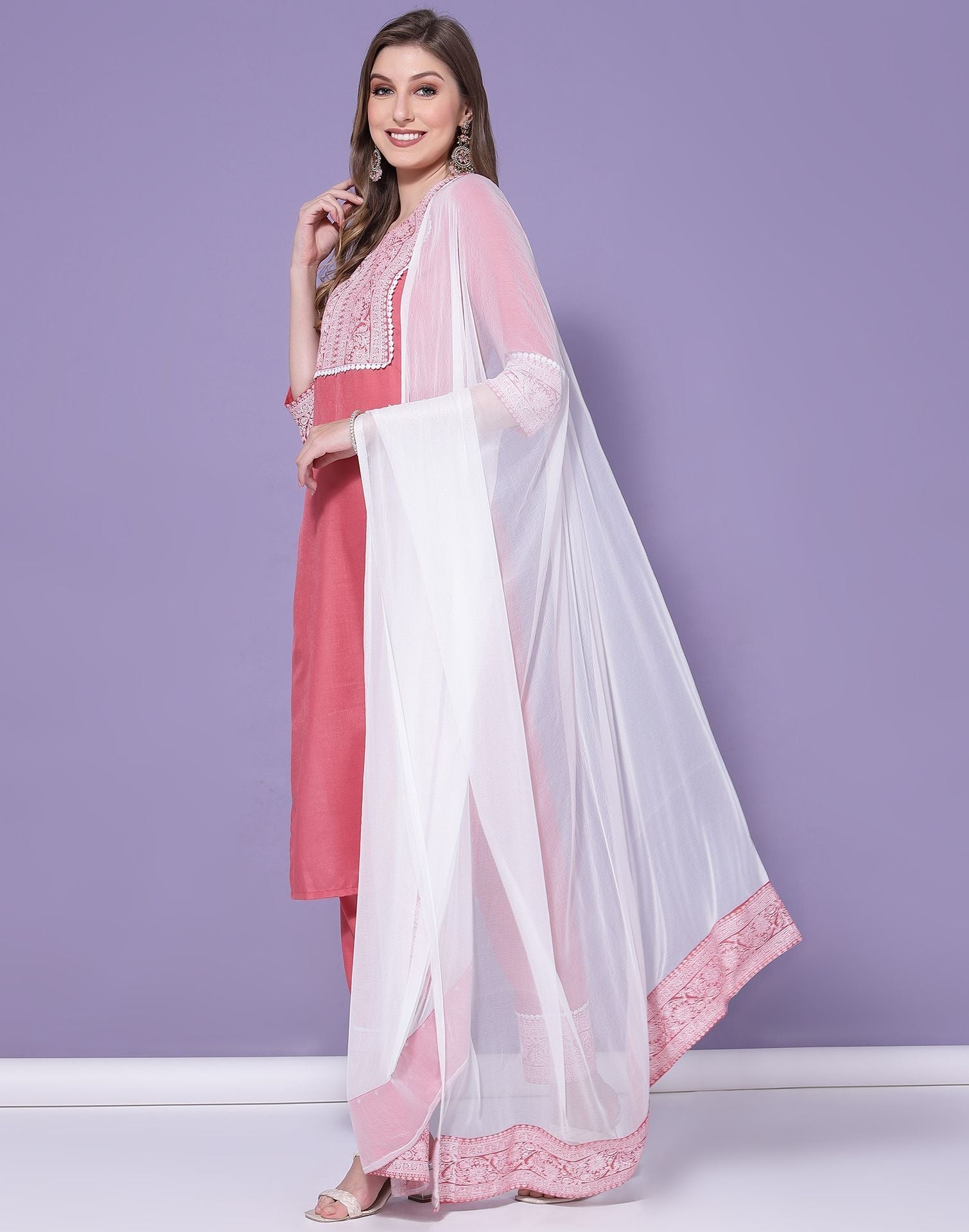 Pink Chinnon Printed Straight Kurti With Pant And Dupatta | Sudathi