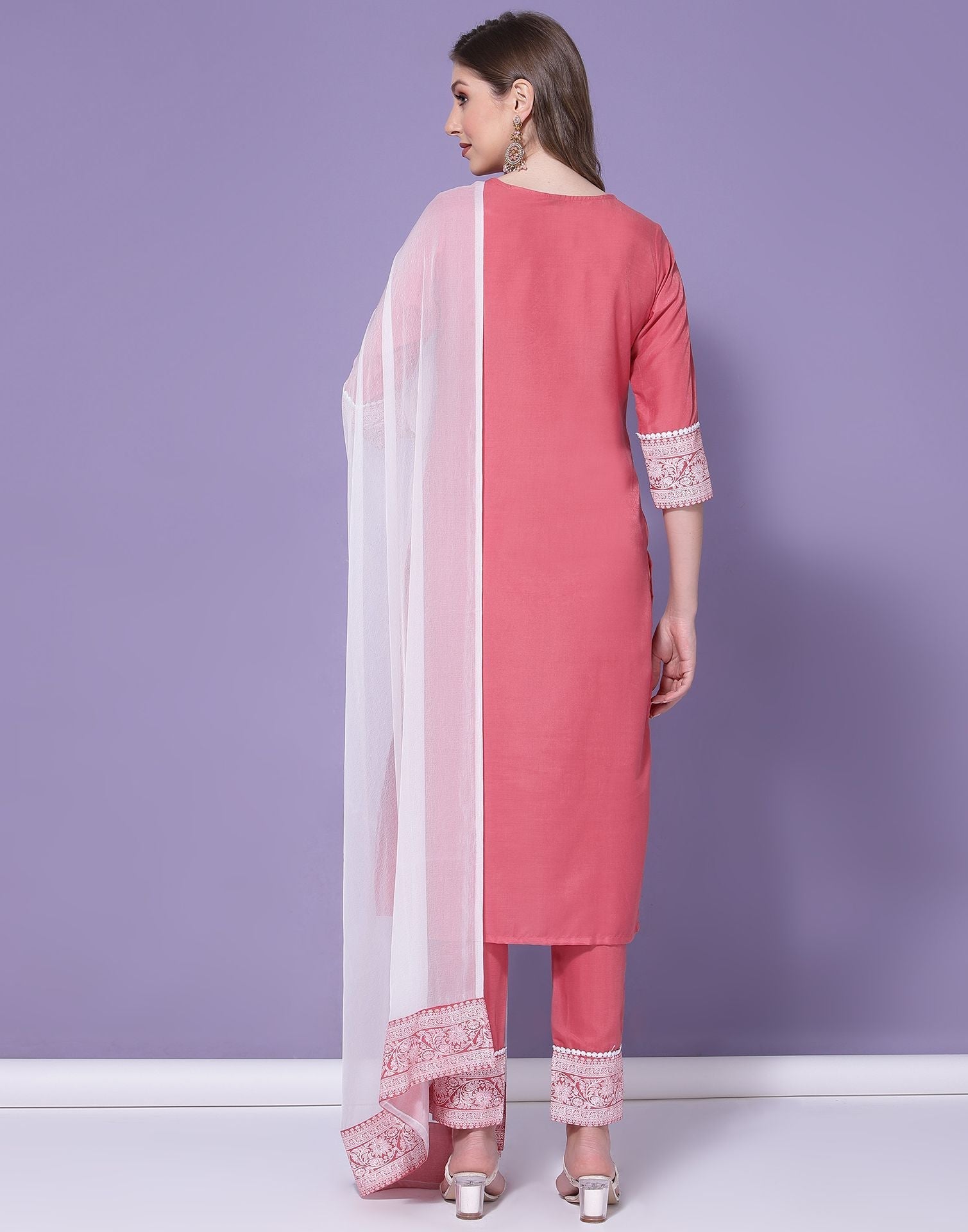Pink Chinnon Printed Straight Kurti With Pant And Dupatta | Sudathi