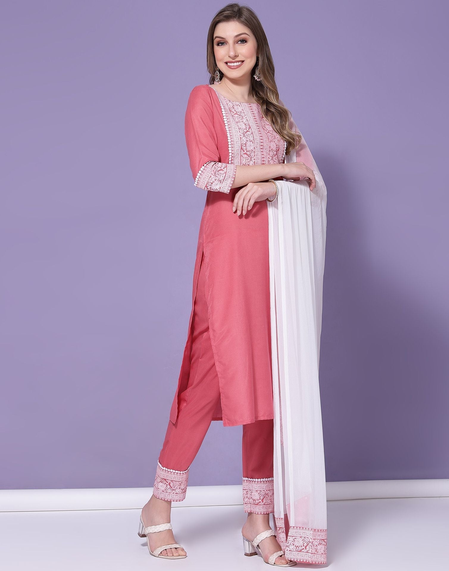 Pink Chinnon Printed Straight Kurti With Pant And Dupatta | Sudathi