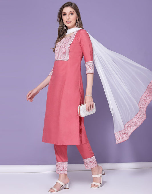 Pink Chinnon Printed Straight Kurti With Pant And Dupatta | Sudathi