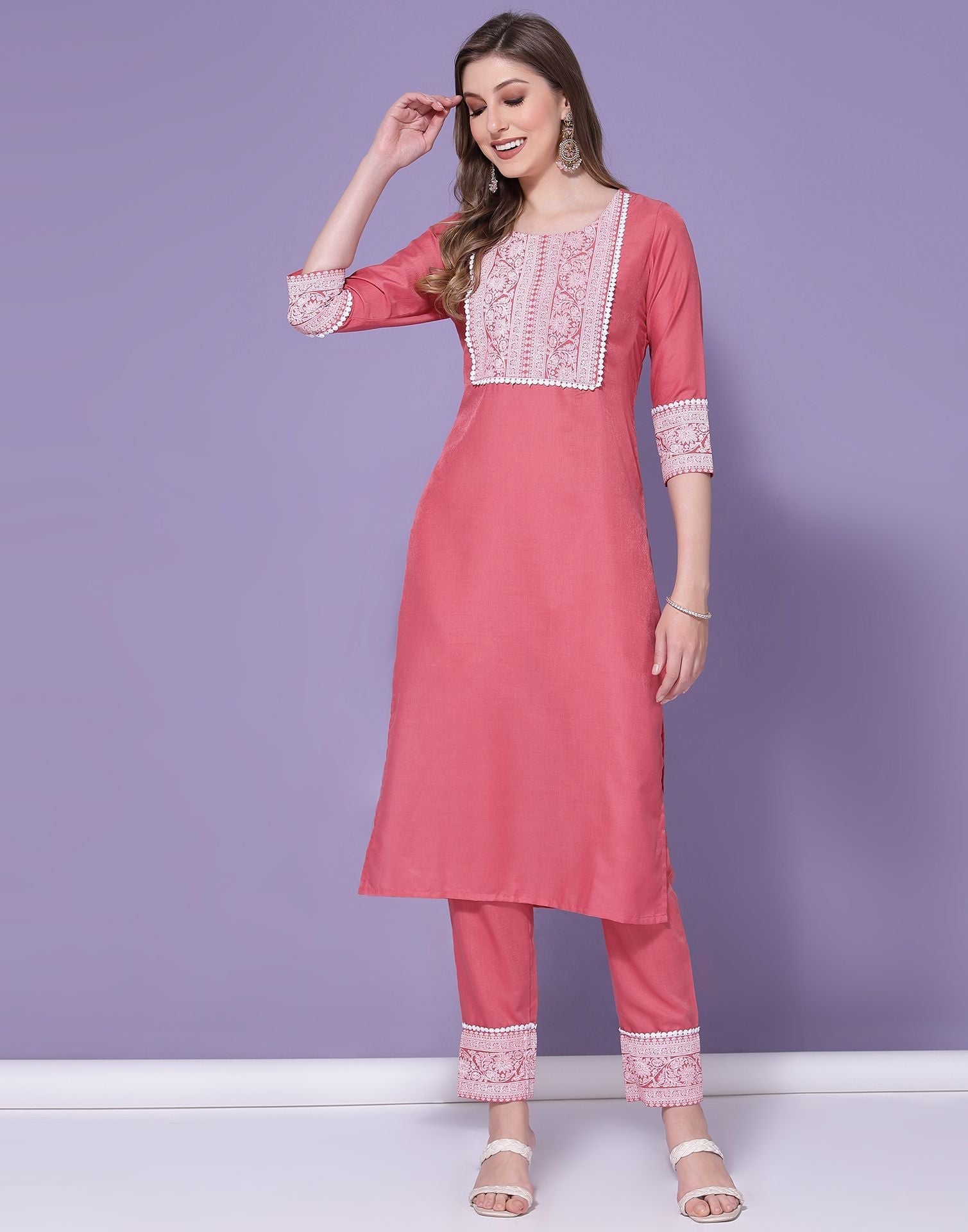 Pink Chinnon Printed Straight Kurti With Pant And Dupatta | Sudathi