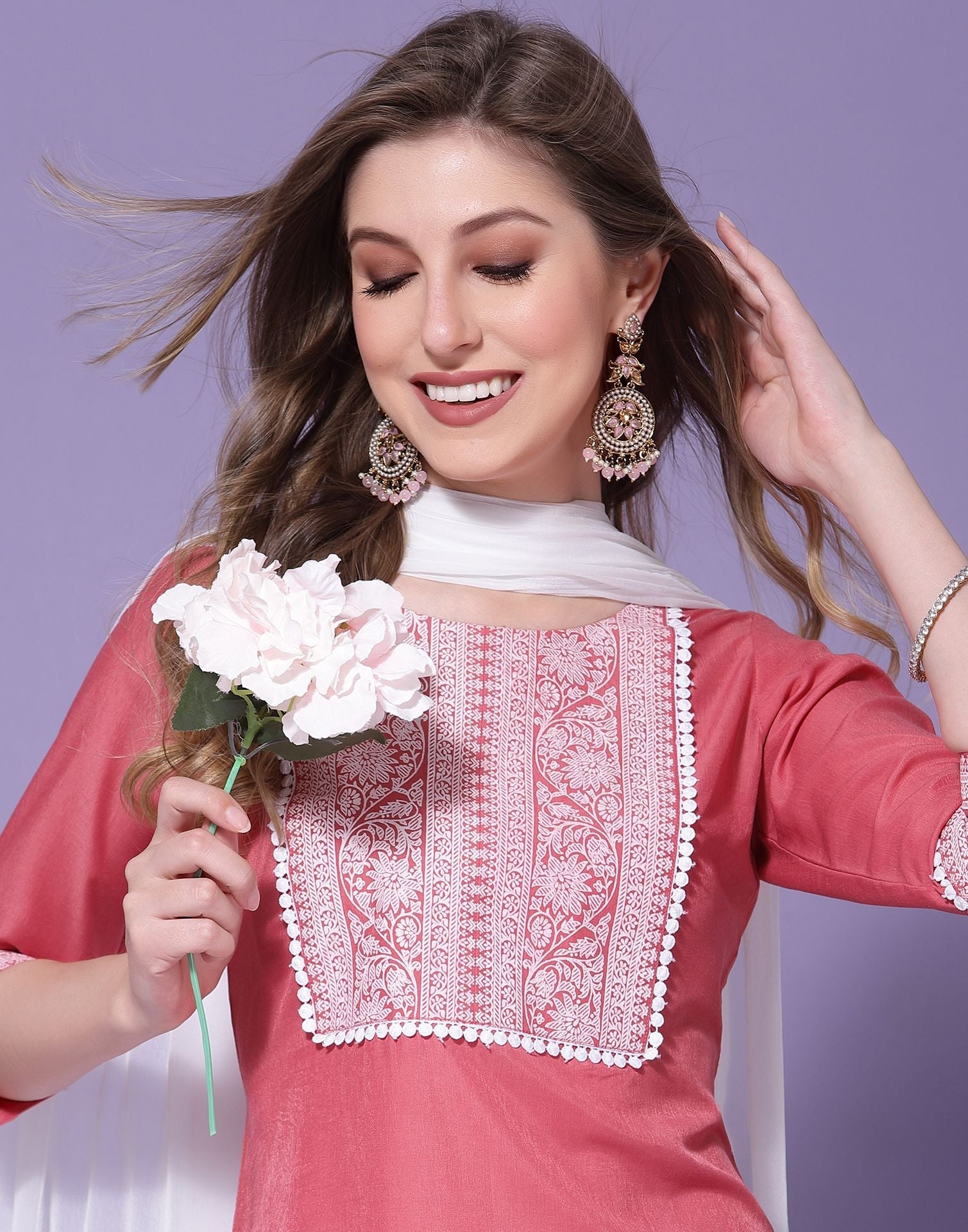 Pink Chinnon Printed Straight Kurti With Pant And Dupatta | Sudathi