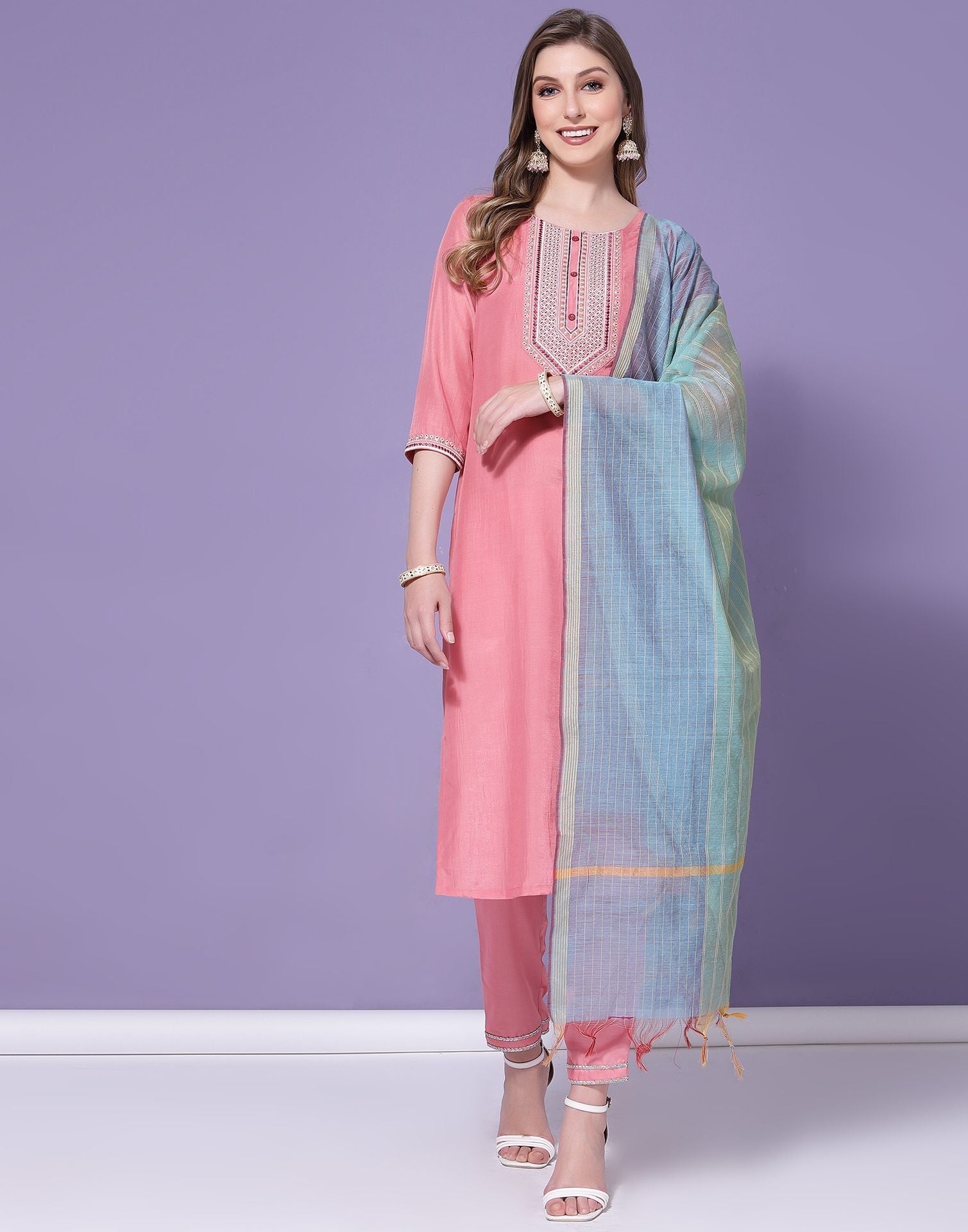 Pink Chinnon Embroidery Straight Kurti With Pant And Dupatta | Sudathi