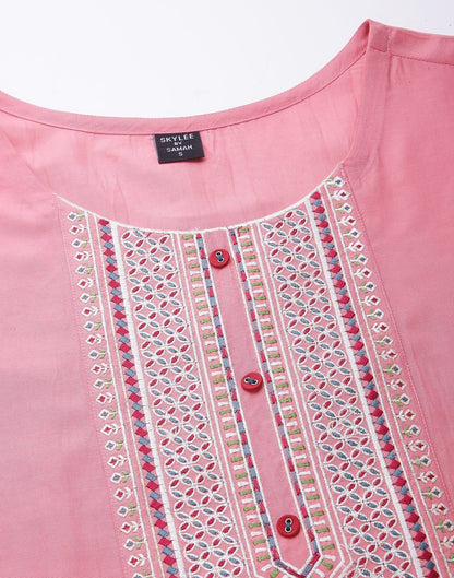 Pink Chinnon Embroidery Straight Kurti With Pant And Dupatta | Sudathi