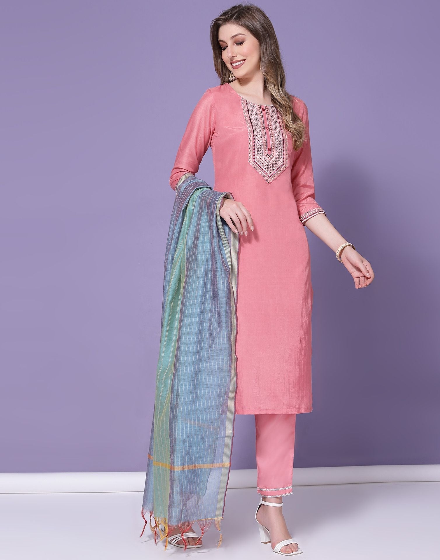 Pink Chinnon Embroidery Straight Kurti With Pant And Dupatta | Sudathi