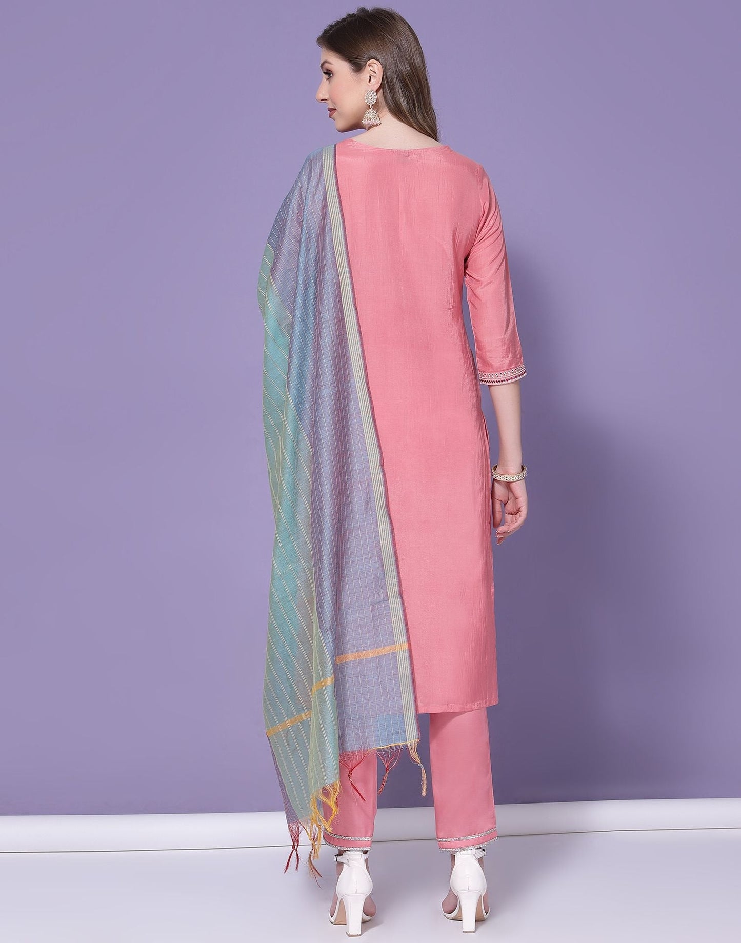 Pink Chinnon Embroidery Straight Kurti With Pant And Dupatta | Sudathi