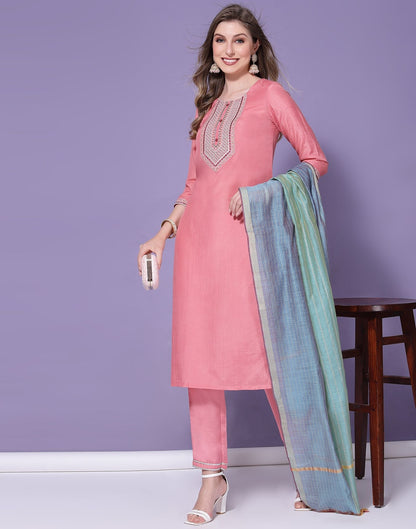 Pink Chinnon Embroidery Straight Kurti With Pant And Dupatta | Sudathi