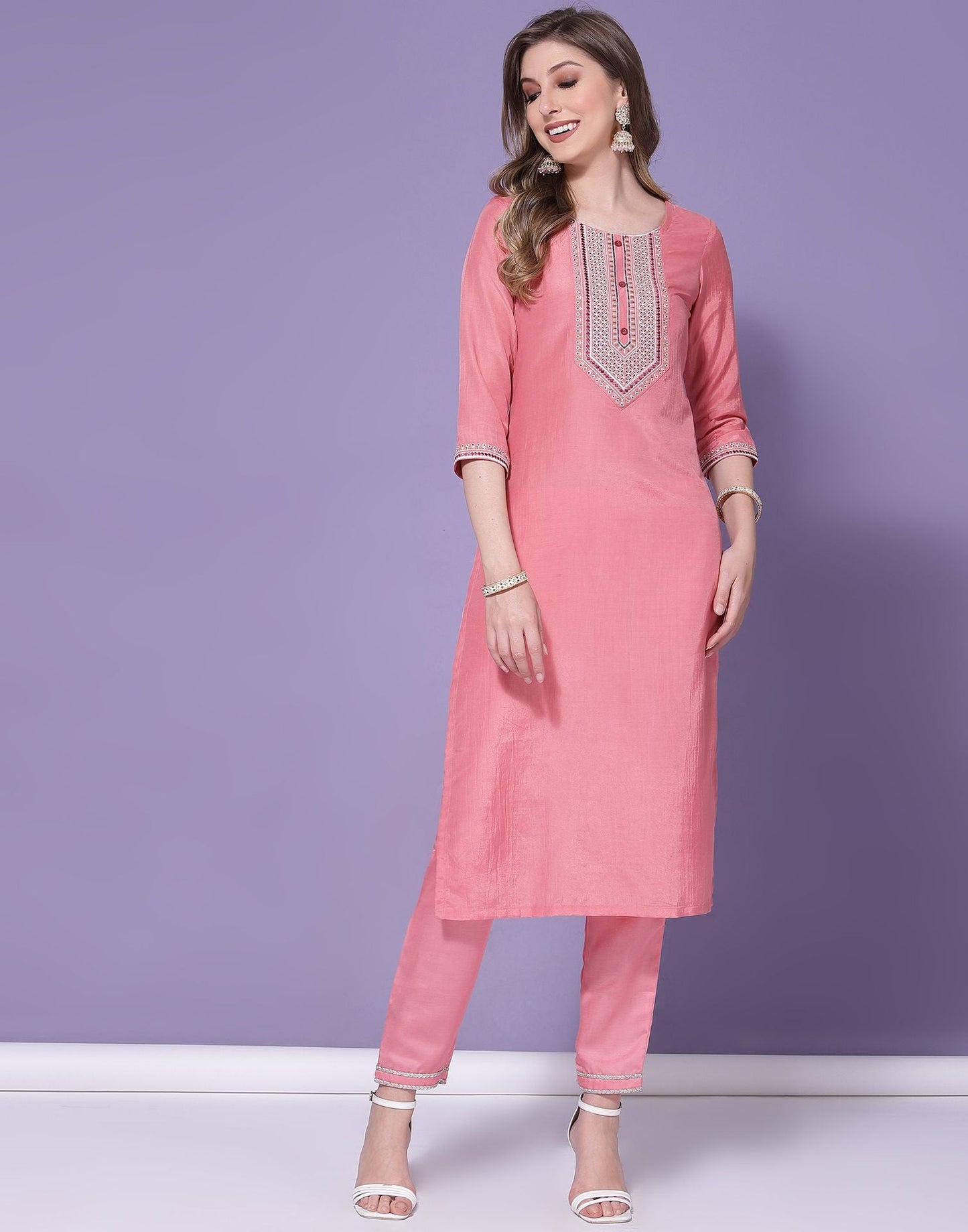 Pink Chinnon Embroidery Straight Kurti With Pant And Dupatta | Sudathi