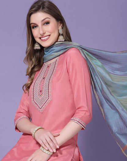 Pink Chinnon Embroidery Straight Kurti With Pant And Dupatta | Sudathi