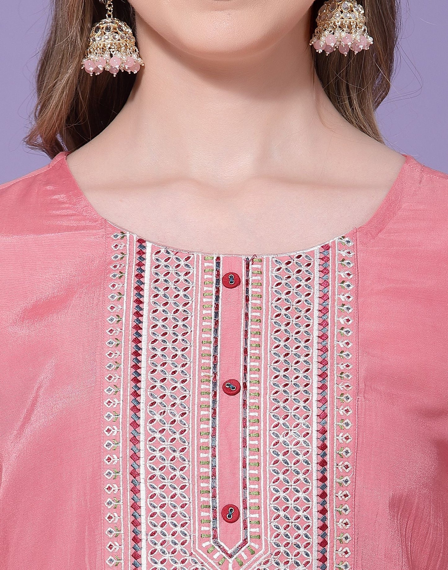 Pink Chinnon Embroidery Straight Kurti With Pant And Dupatta | Sudathi