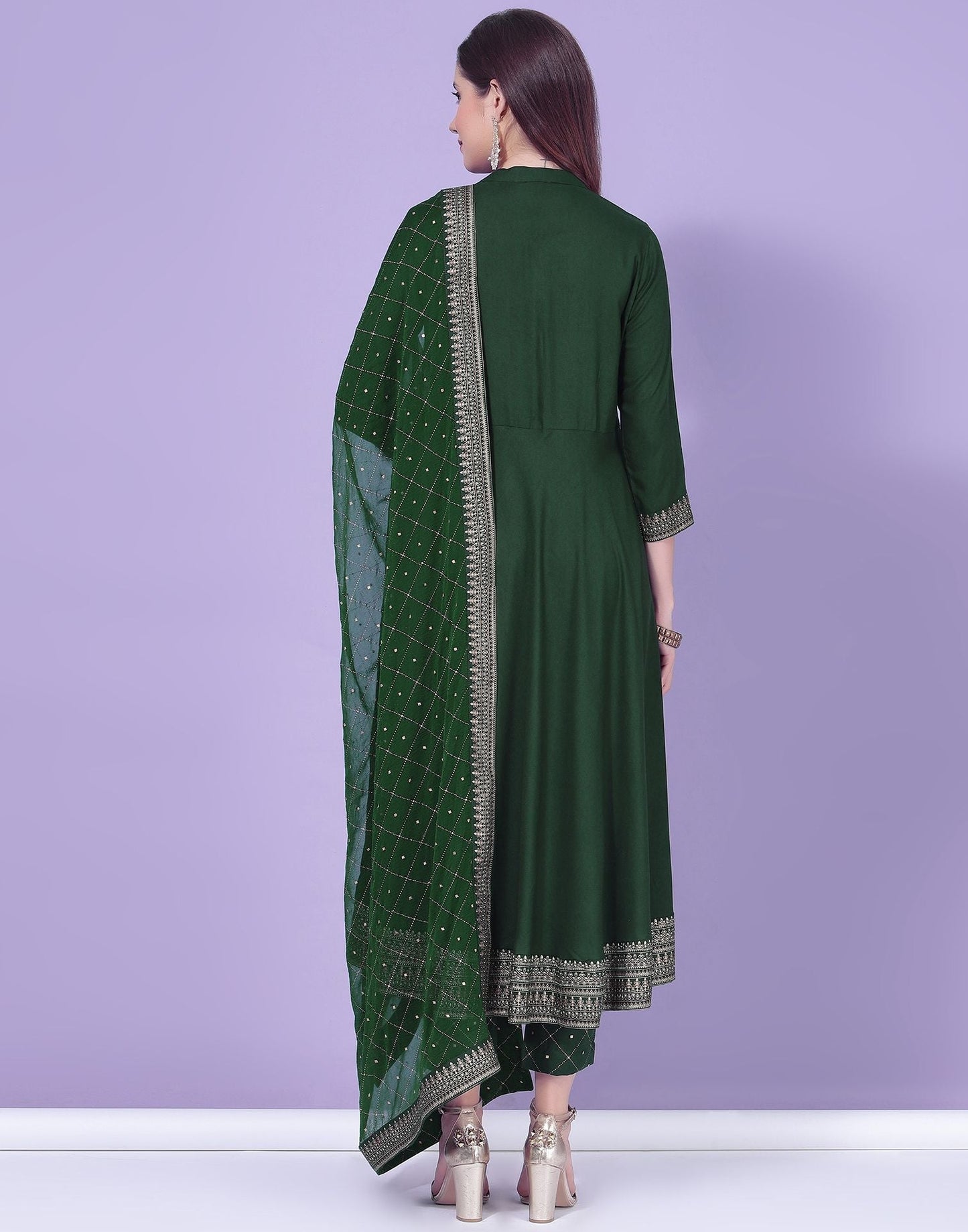 Green Printed A-Line Kurti With Pant And Dupatta | Leemboodi