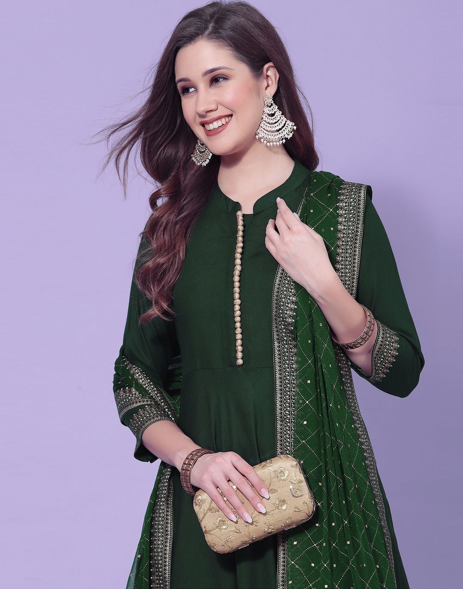 Green Printed A-Line Kurti With Pant And Dupatta | Leemboodi