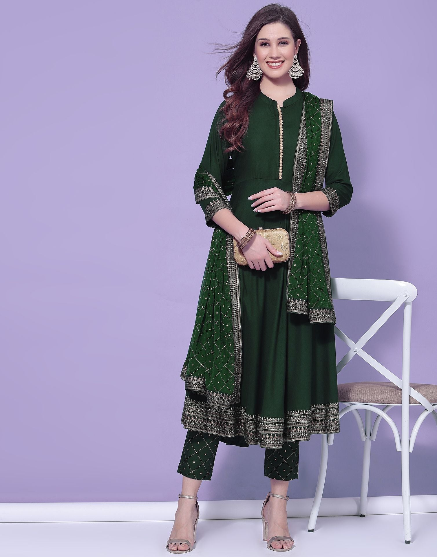 Green Printed A-Line Kurti With Pant And Dupatta | Leemboodi