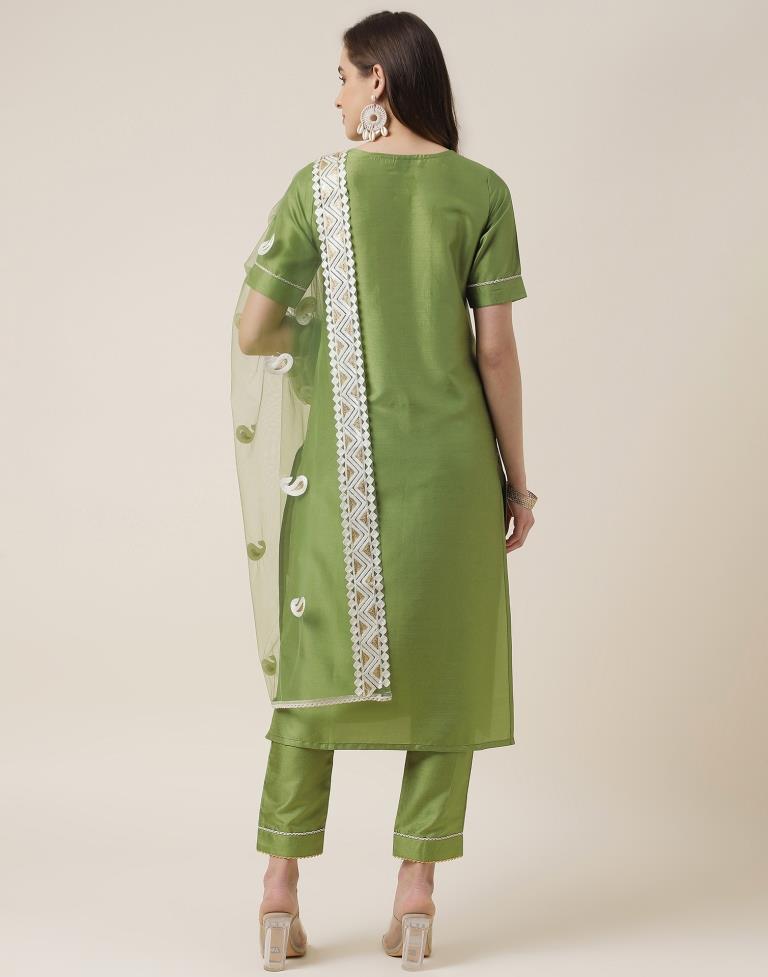 Mehndi Green Silk Plain Straight Kurta With Pant And Dupatta