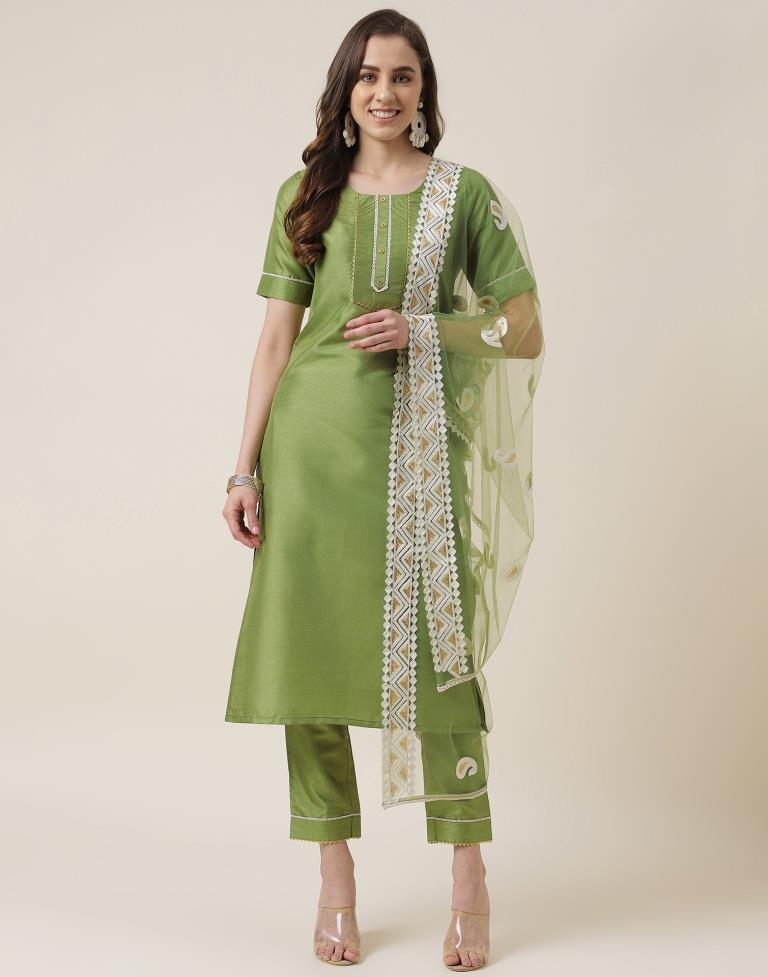 Mehndi Green Silk Plain Straight Kurta With Pant And Dupatta