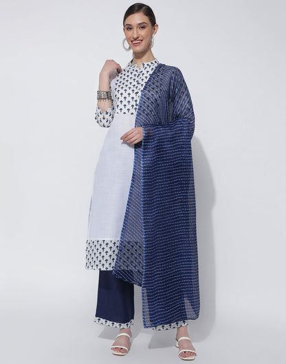 White Cotton Printed Straight Kurti With Pant And Dupatta | Sudathi