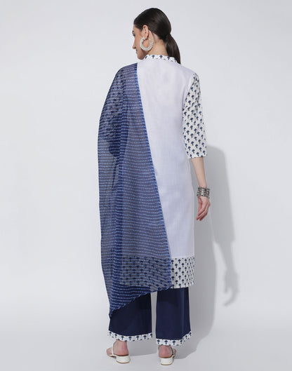 White Cotton Printed Straight Kurti With Pant And Dupatta | Sudathi