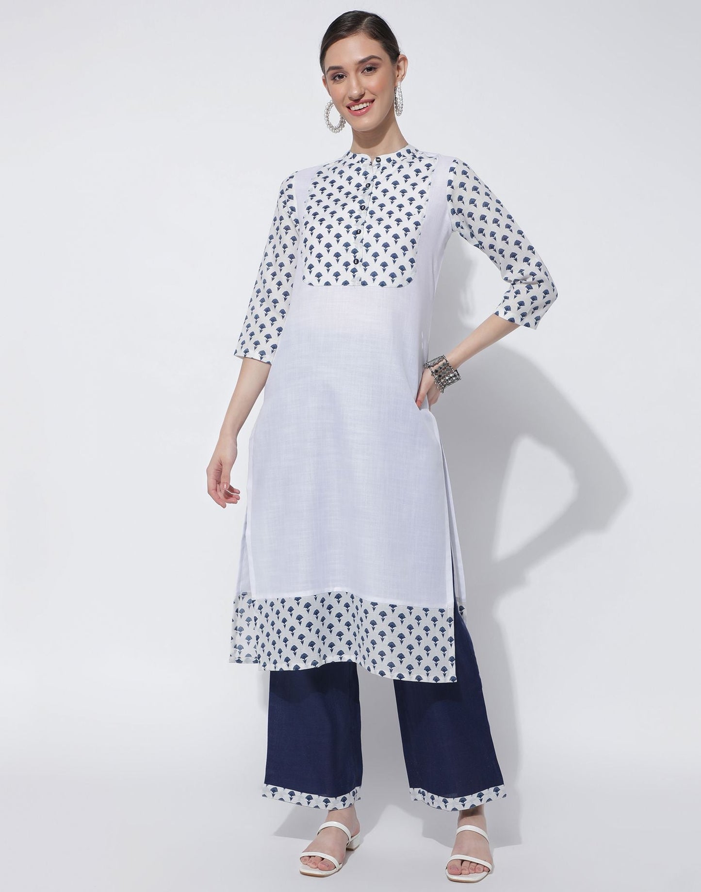 White Cotton Printed Straight Kurti With Pant And Dupatta | Sudathi