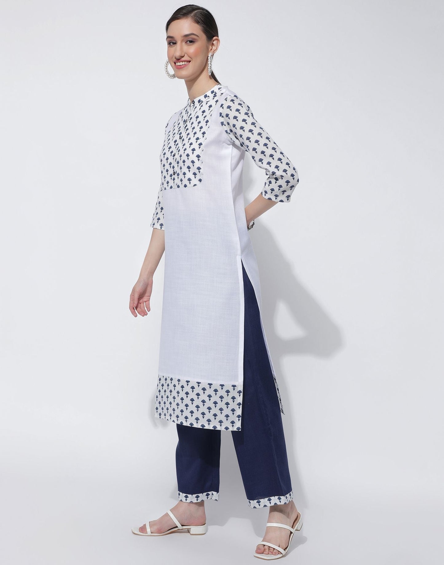 White Cotton Printed Straight Kurti With Pant And Dupatta | Sudathi