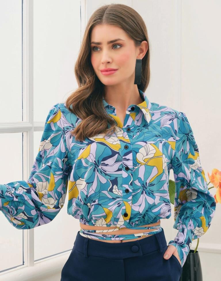 Blue Turquoise White ester Printed Top