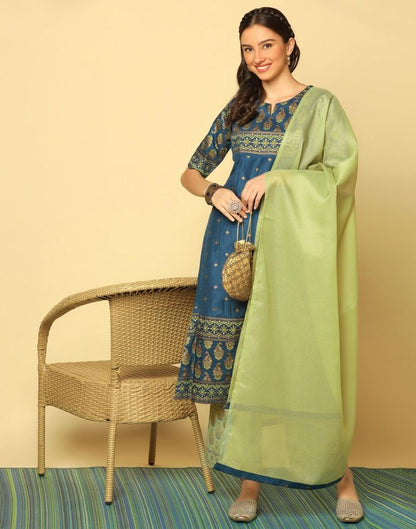 Teal Blue Printed Kurta With Pant And Dupatta