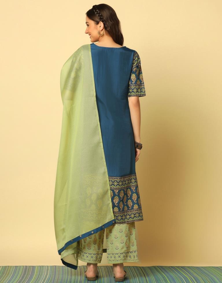 Teal Blue Printed Kurta With Pant And Dupatta