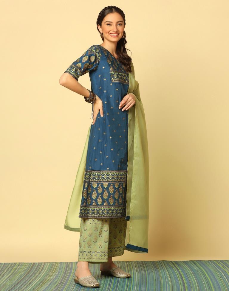 Teal Blue Printed Kurta With Pant And Dupatta