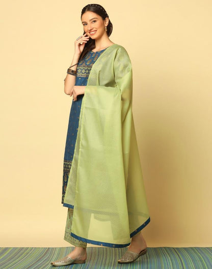 Teal Blue Printed Kurta With Pant And Dupatta