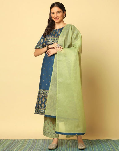 Teal Blue Printed Kurta With Pant And Dupatta